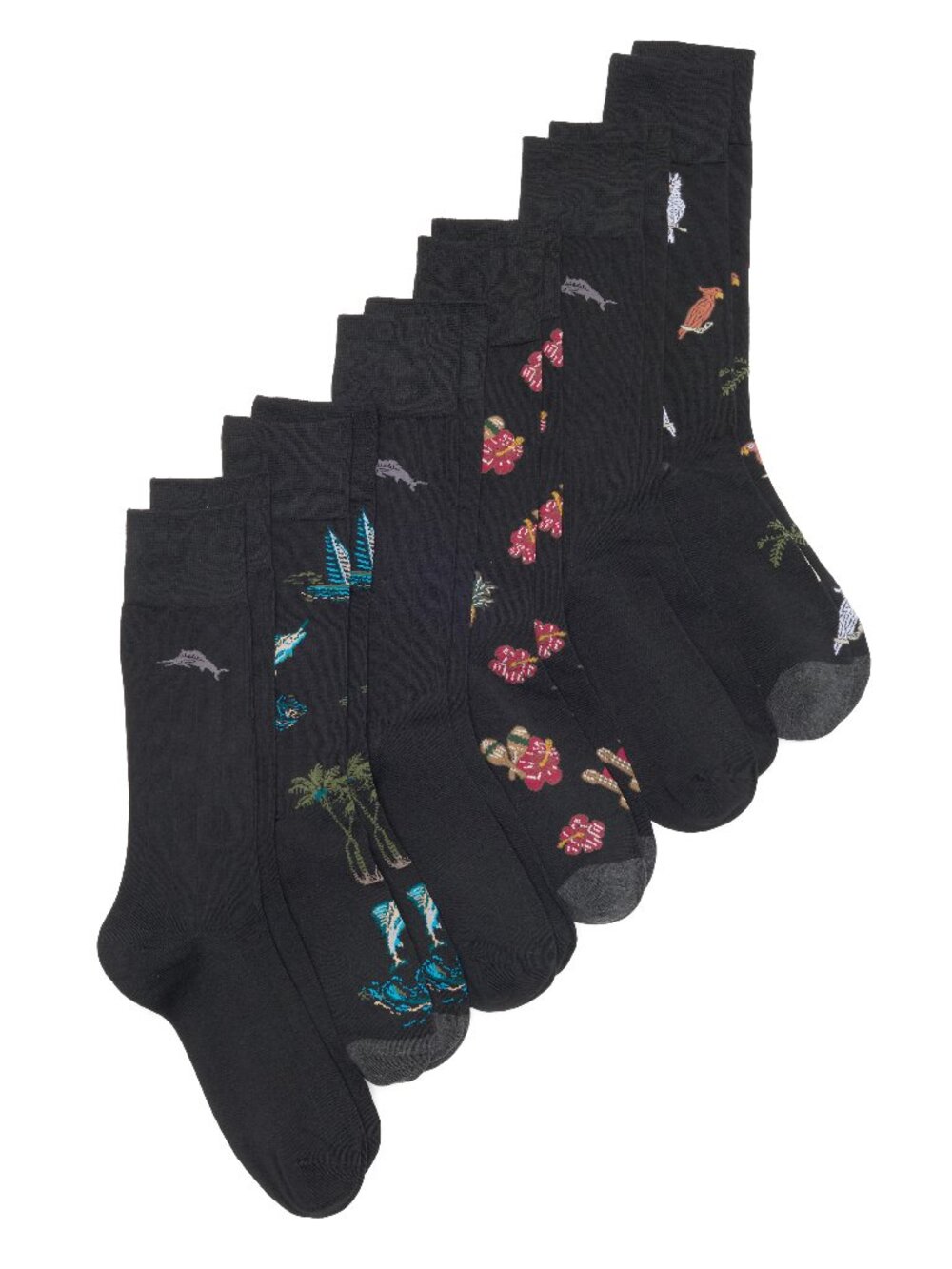 Tommy Bahama 6 Pack Crew Black Socks $82.50 Palms Marlins Parrots Sailing Xmas
